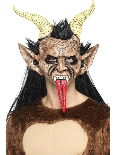 Smiffys Krampus Weihnachtsdämon Maske Braun Latex Kopfabdeckung mit Fell & Hörnern Halloween