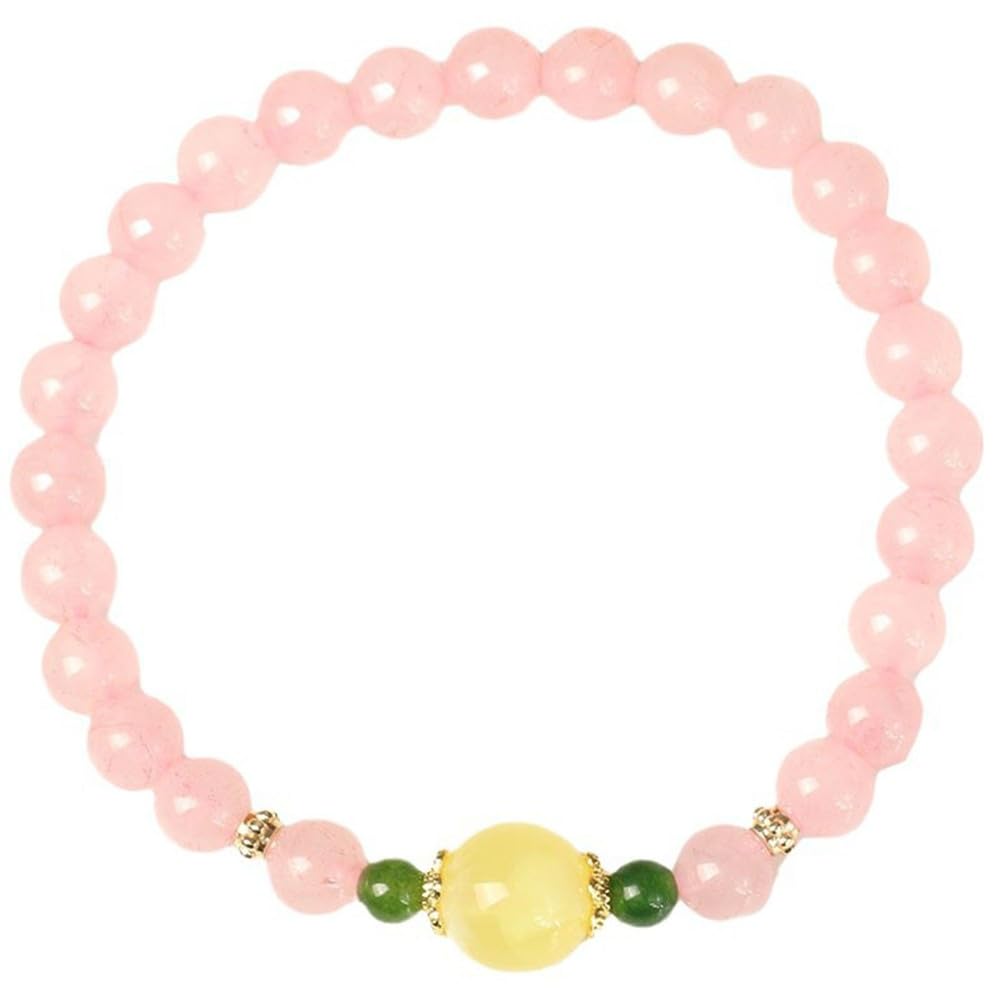 Bracciale in Quarzo Rosa e Ambra - Cristallo Rosa Naturale con Perle di Ambra autentica per Amore, Armonia ed energia Calda, Gioielli Elasticizzati per Donna