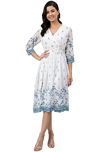 Image of Janasya Women's Dobby Georgette Floral Printed Fit & Flare Dress