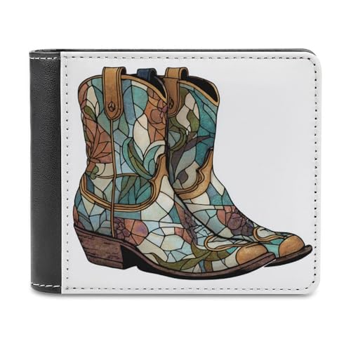 Stained Glass Retro Witch Boots Soft PU Leather Bifold Wallet, Coin Purse Credit Pass Case, Durable Card-Holder Slim Billfold for Men Woman Money Storage