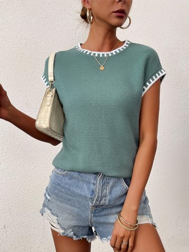 Image of Cap Sleeve Sweater Tops for Women 2026 Knit Summer Sleeveless Tank Vest | Slim Fit, Trendy Color Block, Soft, Skin-Friendly, Strechy, Lightweight, Breathable, Casual Daily Wear