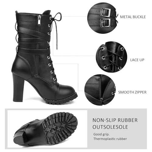Caradise Womens Mid Calf Boots Lace Up Goth Chunky Heel Combat Boots with Buckles3