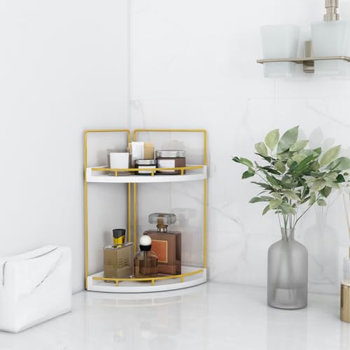 Image of Dorhors 2-Tier Bathroom Counter Organizer,Vanity Counter Corner Shelf, Skincare, Wood Countertop Bathroom Storage and Organization for Kitchen (Gold)