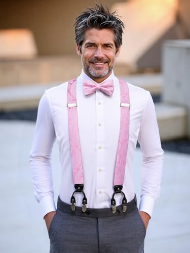 Image of Hi-Tie Mens Light Pink Suspender Set With Pre-Bow Tie Elastic Y Type 6 Clips Braces Tie Handkerchief Cufflinks 4Pcs for Wedding Party, Medium