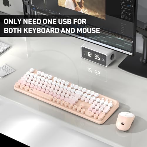 Image of Wireless Keyboards Mouse Combos, Colorful Cute Typewriter Full-Size Retro Round Keycaps, 2.4GHz Cordless Sleep Mode Office Quiet Wireless Keyboard and Mouse Set for Desktop Laptop PC Computer