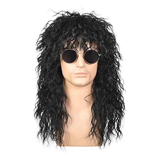 NEYAMETI 80s Rocker Wig Black Long Curly Wig For Men And Women Mullet Costume Wig For Party Halloween Cosplay Synthetic Wig (Black)