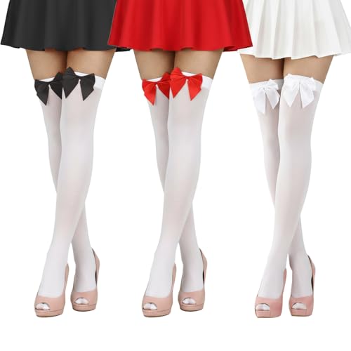scenicamp 3 Pairs Women Satin Bow Thigh Highs Stockings Lolita Over Knee High Long Socks with Cute Bow White Stocking White Black Red Bows