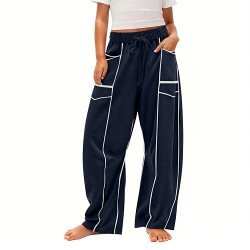 Barrel Sweatpants Girls Wide Leg Baggy Casual Pants High Waisted Trouser Contrast Patchwork Palazzo Pant with Pockets
