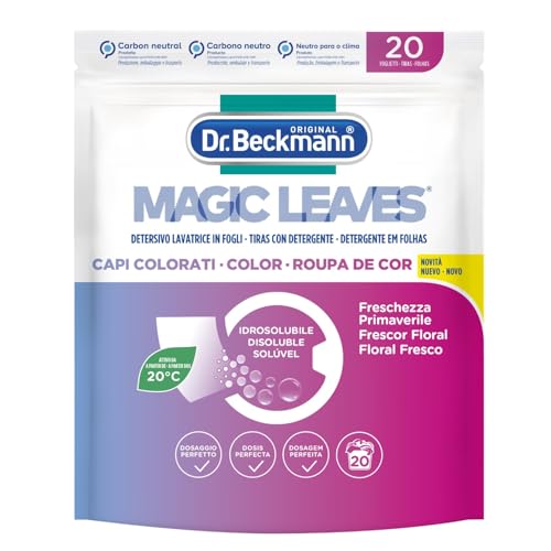 Dr. Beckmann MAGIC LEAVES Detergente Lavadora en hojas de colores | Fácil de usar, fácil de almacenar y transportar | 20 hojas