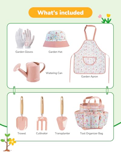 Grenebo-Gartenspielzeug für Kinder, inklusive Metallkelle, Pflanzschaufel, Gartenhut, Rechen, Schürze, Handschuhe, Gießkanne und Werkzeugtasche (rosa)
