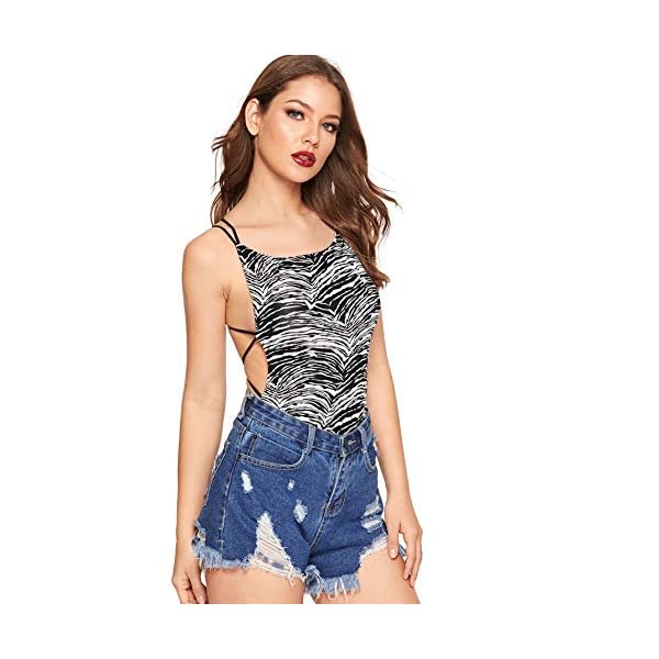 MakeMeChic-Womens-Crisscross-Strappy-Backless-Scoop-Neck-Tiger-Cheetah-Bodysuit MakeMeChic Women's Sleeveless Mock Neck Bodycon Jumpsuit Unitard Bodysuit Zebra XS