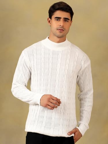Image of Kvetoo Men's High Neck Cable Knit Sweater | Winter Pullover | Warm Wool Blend |Casual Full Sleeve Sweater for Men | Stylish Ribbed Neck Slim Fit Winterwear