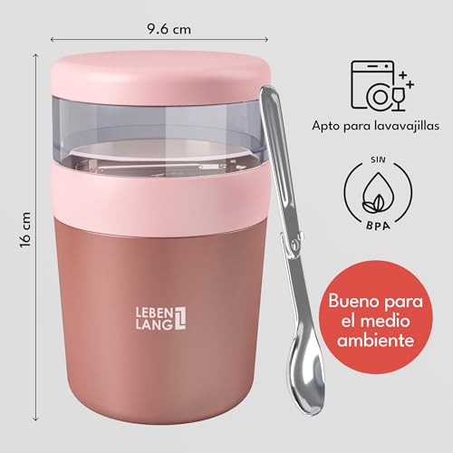 Miniatura 5 de Lebenlang Vaso Yogur Cereales Para Llevar Con Cuchara - Pared Interior De Acero Inoxidable Aislante 650ml I Porta Yogurt To Go I Recipiente Yogurt Para Llevar I Crunch Cup Overnight Oats Jar