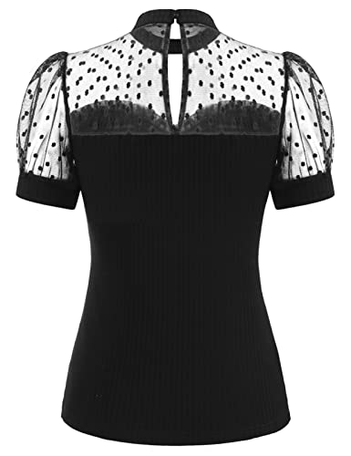 Mesh Polka Dot Top Short Sleeve Shirt Stretchy Sheer Tops Blouses Rockabilly Tops For Women ​Black M #TOP1