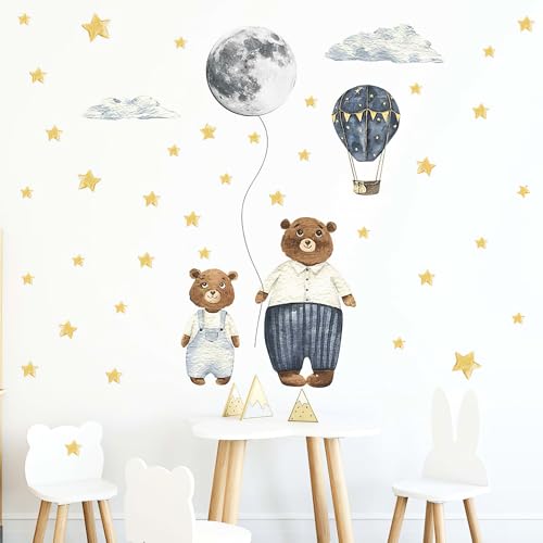 Ollaland Papa & Baby Bear Nursery Wall Decal - Watercolor Peel and Stick Bears, Hot Air Balloon, Stars, Full Moon, Clouds Wall Stickers for Boys Room - Decor for Baby, Toddler & Kids Bedroom Walls
