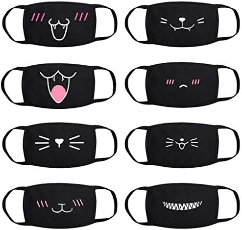 8 Pack Cartoon Sweet Cat Pattern Mouth Face Protective Cotton Anti-Dust Fashion Kawaii Cute Reusable & Washable (Black)