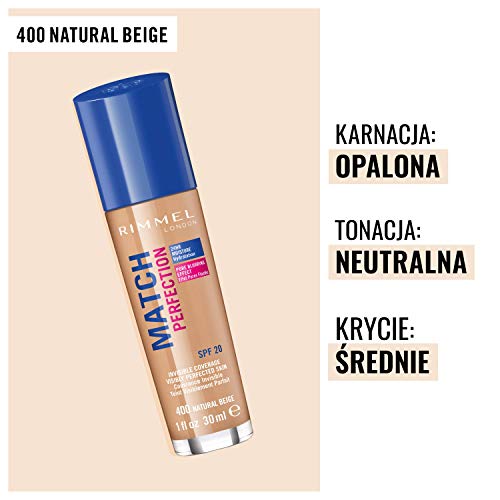 Rimmel Match Perfection Foundation 400 Natural Beige, Medium Coverage, 24Hr Hydration, No Caking Or Creasing, Lightweight, Reduces Imperfections, Invisible Coverage, SPF20, Cruelty Free - 11