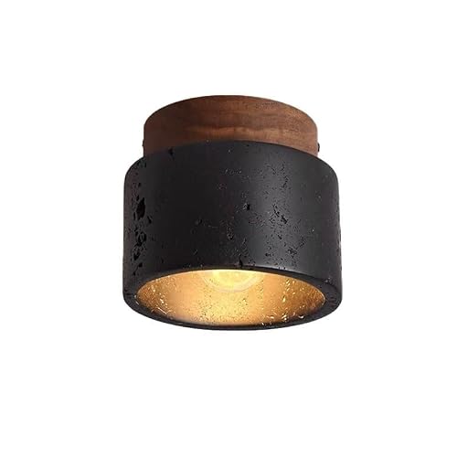 Mid-Century Modern Ceiling Light, Wabi Sabi Natural Stone & Wood Fixture, Semi Flush Mount, Small Black Ceiling Light for Kitchen, Bathroom, Bedroom, Living Room, Dining Room