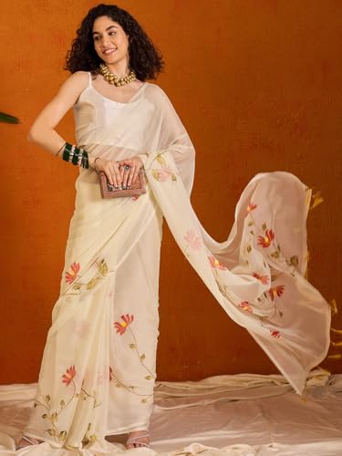 Image of SAREE MALL Women's Chiffon Daisy Floral hand paint Tassel Pallu Lightweight Summer Saree