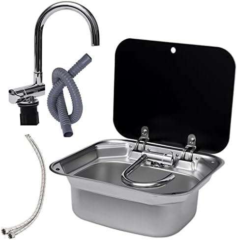 Bar Caravan RV Sink with Folding Faucet &Lid, Stainless Steel Sink Hand Wash Basin Boat Sink Caravan Van Sink, Small Outdoor RV Kitchen Sink Trailer Camper Sink Bar Sink with Cover and B Tap