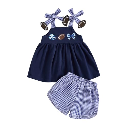 Dcohmch Baby Girl Summer Clothes Toddler Football Outfits Bow Straps Rugby Print Camisole Elastic Plaid Shorts Set
