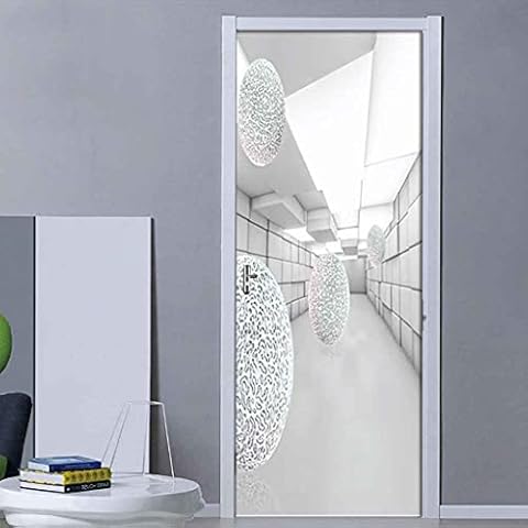 JFEDMN 3D Door Stickers Wall Murals Wallpaper for Home Bedroom Decor DIY White Sphere Geometric Space Removable Vinyl Self-Adhesive Door Decal Poster Decoration Wall Art Stickers 77X200Cm Cover