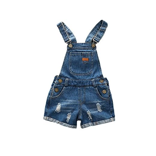 KIDSCOOL SPACE Little Girl Jean Overalls,Big Ripped Denim Shortalls,Blue,3-4 Years