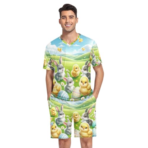 Pajamas Set for Men, Short Sleeve V Neck 2 Piece Nightwear with Pockets Summer, S-XXL