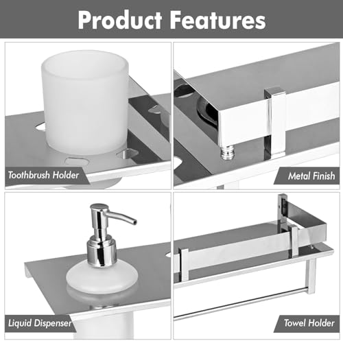 Image of Zureni 4-in-1 Shelf Rack for Bathroom 304 Grade Stainless Steel Multipurpose Towel Hanger Liquid Dispenser Toothbrush Holder Wall Mount Accessories Storage Stand Home Washroom (1 Pc, 18 inchx5 inch, 1010)