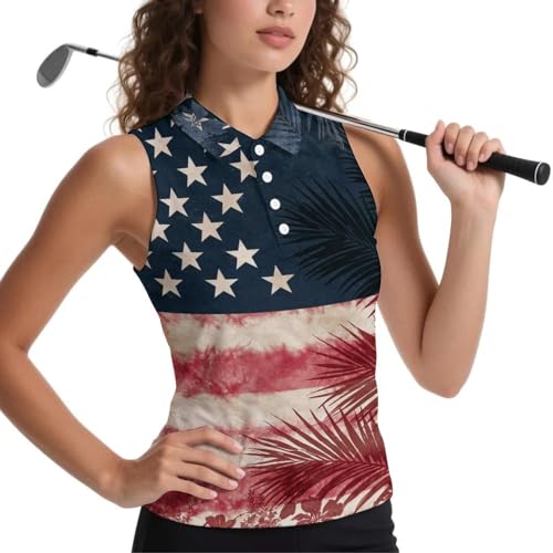 Blue American Palm Leaves Polo Shirts for Women Sleeveless Blouses for Women Casual Collared Golf Top Small