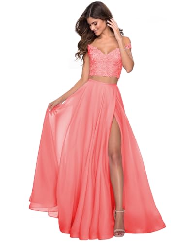 WaterDress Long Off Shoulder Lace Bodice Prom Dresses Two Piece for Plus Size Women Slit Formal Ball Gowns with Pockets Coral 20W