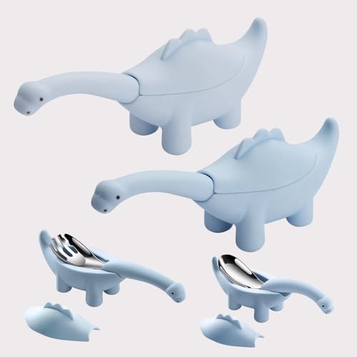 Image of Baby Spoon and Fork Set, Blue Silicone Toddler Cutlery Set with Dinosaur Case, 2 Pc, Self Feeding Utensils for Baby Meals School and Travel, Mealtime Essential. Easy to Carry for Home