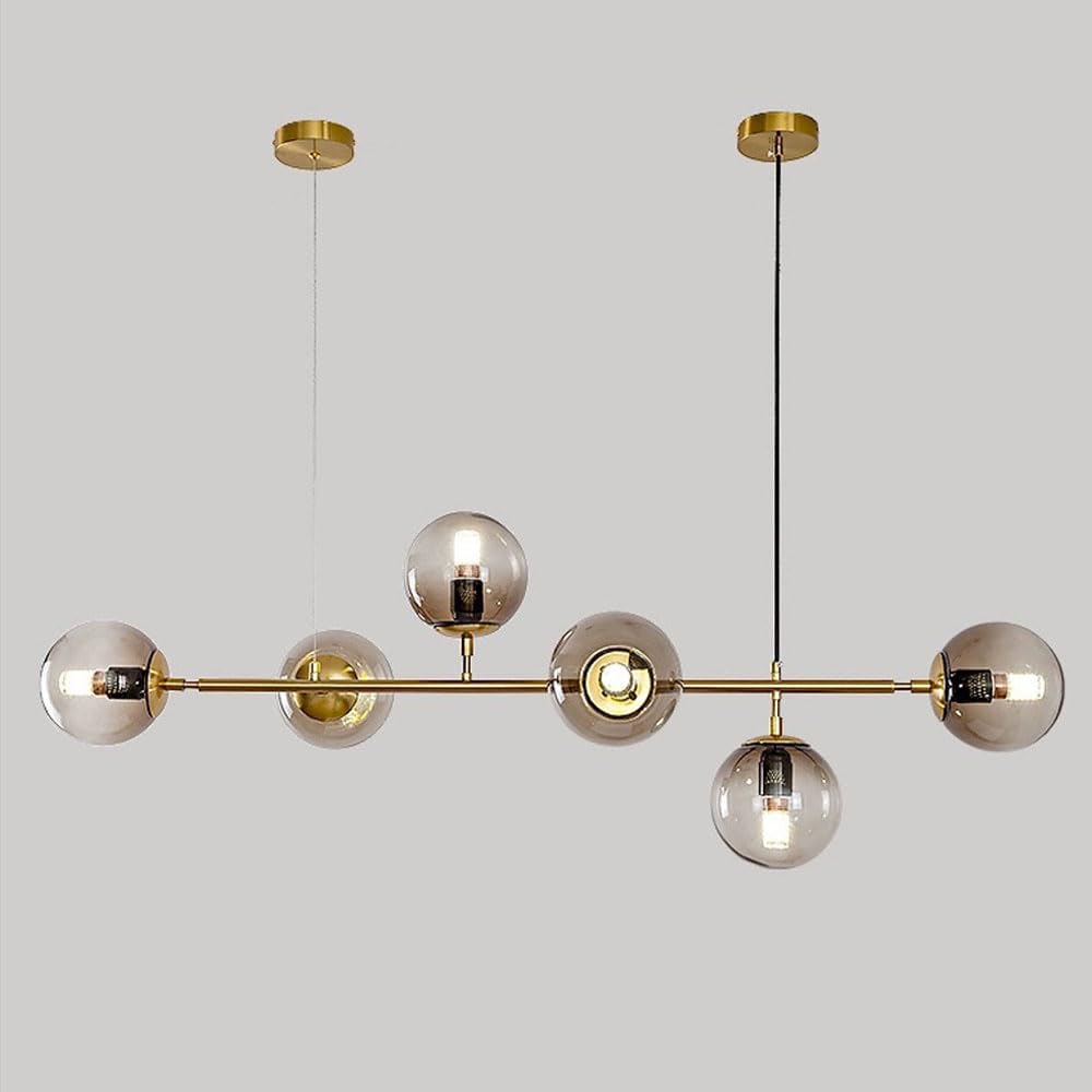 Moddeny Gold + Smoky Gray 6 Light E27 Modern Chandelier Northern Europe Glass Ball Hanging Lights Industrial 130Cm Ceiling Pendant Lamps For Living Room Dining Room Art Decoration Restaurant (Gold + Smoky Gray)