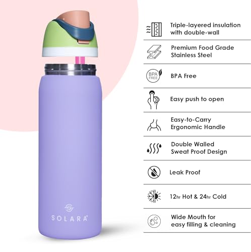 Image of SOLARA Orion Insulated Water Bottle 1 Litre, Hot Water Bottle, 1000ml Thermosteel Water Bottles for Travel, Home, Office, School, Gym, Adults, Water Bottle Hot and Cold, Sipper Bottle, Mermaid Blush