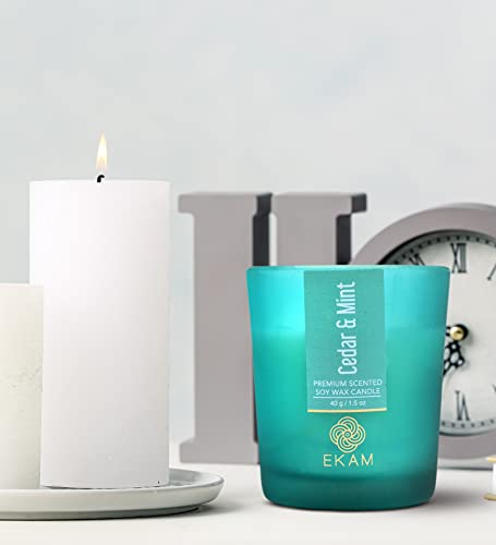 Image of EKAM Cedar & Mint Votive Soy Wax Scented Candle, 40 Grams, 10 Hours Burn Time| Long Lasting Premium Candles | Ideal for Home Decor | Gifting & Aromatherapy (Pack of 12)