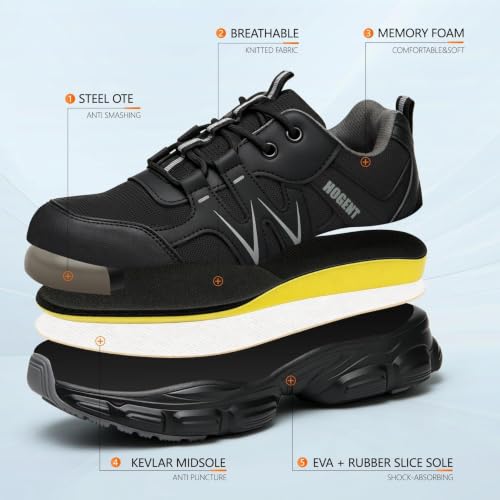 Image of Hogent Steel Toe Shoes for Men Women - Non Slip & Lightweight Work Shoes | Shock Absorption Cushion Sole, Breathable Safety Shoes, Ideal for Construction, Warehouse, Kitchen Work, Food Service