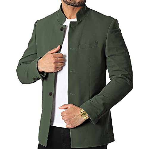 Mens Casual Suit Blazer Stand Mandarin Collar Single-Breasted Business Jackets Dark Green #TOP1