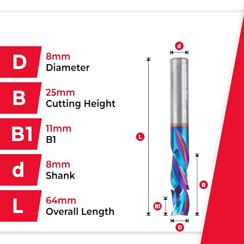 Image of Amana Tool Spektra Extreme Tool Life Solid Carbide CNC Compression Spiral Router Bit, 48323-K-M, 8mm D x 25mm CH x 8mm Shank x 64mm Long 3 Flute