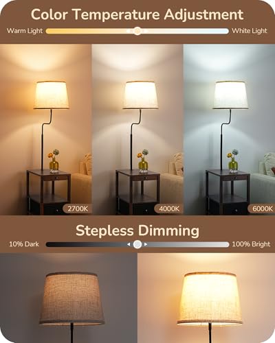 Image of EDISHINE Floor Lamp with Table Dimmable USB Type-C Ports, Fire-Burned Wood | 3000K-6500K, 2-in-1 Solution, Linen Lampshade, 2 Drawer, Modern for Living Room, Bedroom, Den, Office