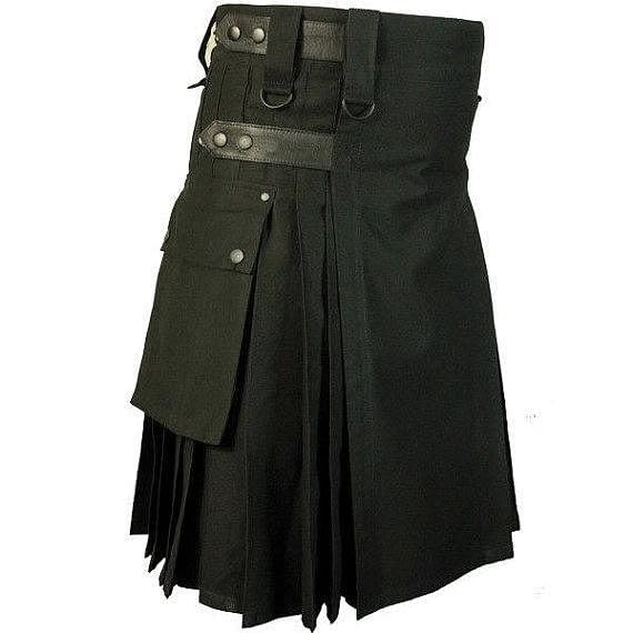 Falda escocesa táctica de algodón negro para hombre con bolsillos tipo cargo, ropa de combate de estilo utilitario, Negro, 52 inches / 132 cm