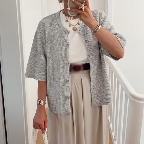Womens Button Up Short Sleeve Cardigans Sweater Cropped Lightweight Round Neck Elegant Knit Tops with Pockets4
