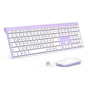 Kabellose Tastatur und Maus Set Ultradünn, 2.4G Wireless Wiederaufladbare Maus Tastatur, Flache Funktastatur mit Deutschem Layout für Windows, PC, Laptop, Smart TV, Weiß und Lila