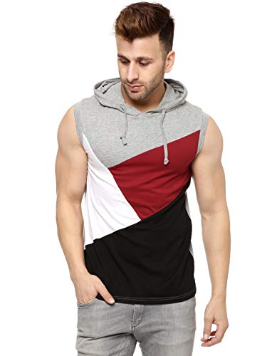Image of GRITSTONES Men's Cotton Hooded Sleeveless Grey Melange /Black Cotton T-Shirt