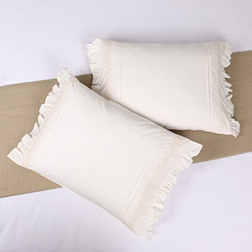 Jng Kraftlab King Size Pillow Shams Set Of 2 20X36 In Cream Zipper Closure With Boho Ruffle & Lace & Pleats For Shabby Chic Bohemian Farmhouse 100% Cotton By Jng Kraftlab cover