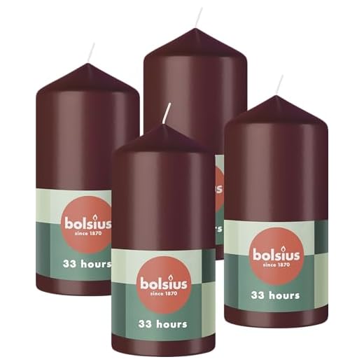 Bolsius Pillar Candles - Rojo oscuro - Paquete de 4-12 x 6 cm - Velas decorativas para el hogar - Larga duración de combustión de 33 horas - Sin perfume - Cera vegana natural - Sin aceite de palma
