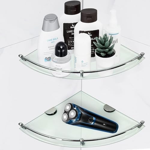 Jacgood Bathroom Glass Corner Shelf, 2 Pack 24x24cm Wall Mounted Glass