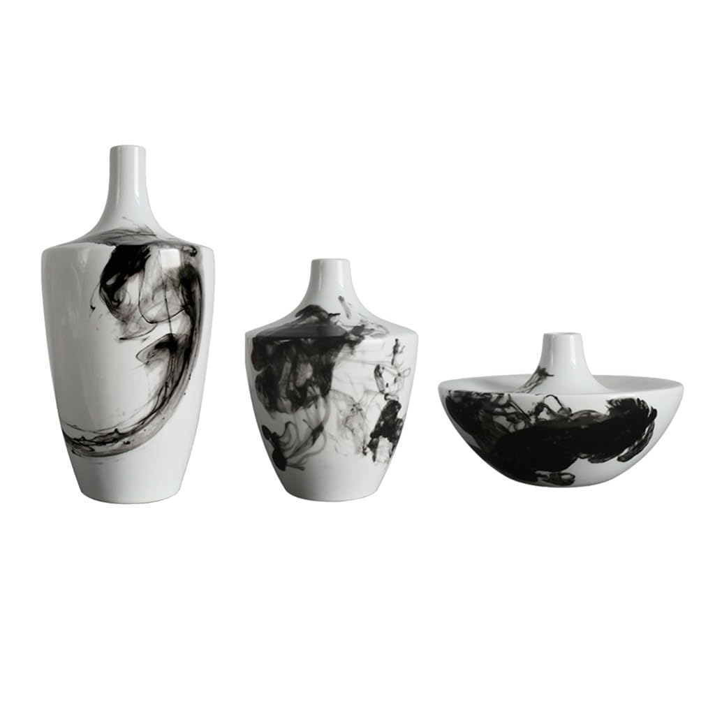 Bzgpmfud One Color Vase Desktop Modern Ink Ceramic Three-Piece Set Home Living Room Entrance Flower Arrangement Desktop Decoration Chinese Study Zen Flowers