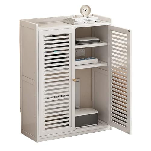 ルーターカバー 竹製WiFiメディア収納キャビネット ルーター収納用隠し装飾キャビネット 2枚扉付き リビングルーム オフィス用(White)