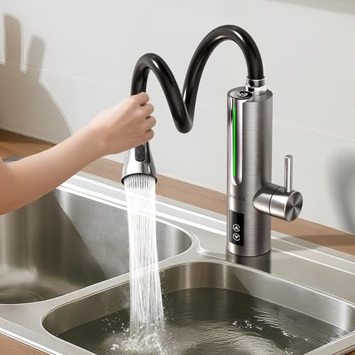 Lovelink Edelstahl Wasserhahn mit Durchlauferhitzer Touch-Temperaturregelung 360° Flexibler Schlauch Farbadaptiv LED Licht Elektrischer Durchlauferhitzer Wasserhahn für Küche/Bad/Balkon (Silber)