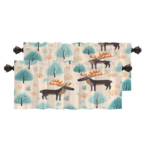 BaoNews Christmas New Year Blackout Kitchen Curtain, Elk Cartoon Cute Green Tree Window Treatment Rod Pocket Light Filtering Bathroom Short Valance 2 Pack 52X18 Inches